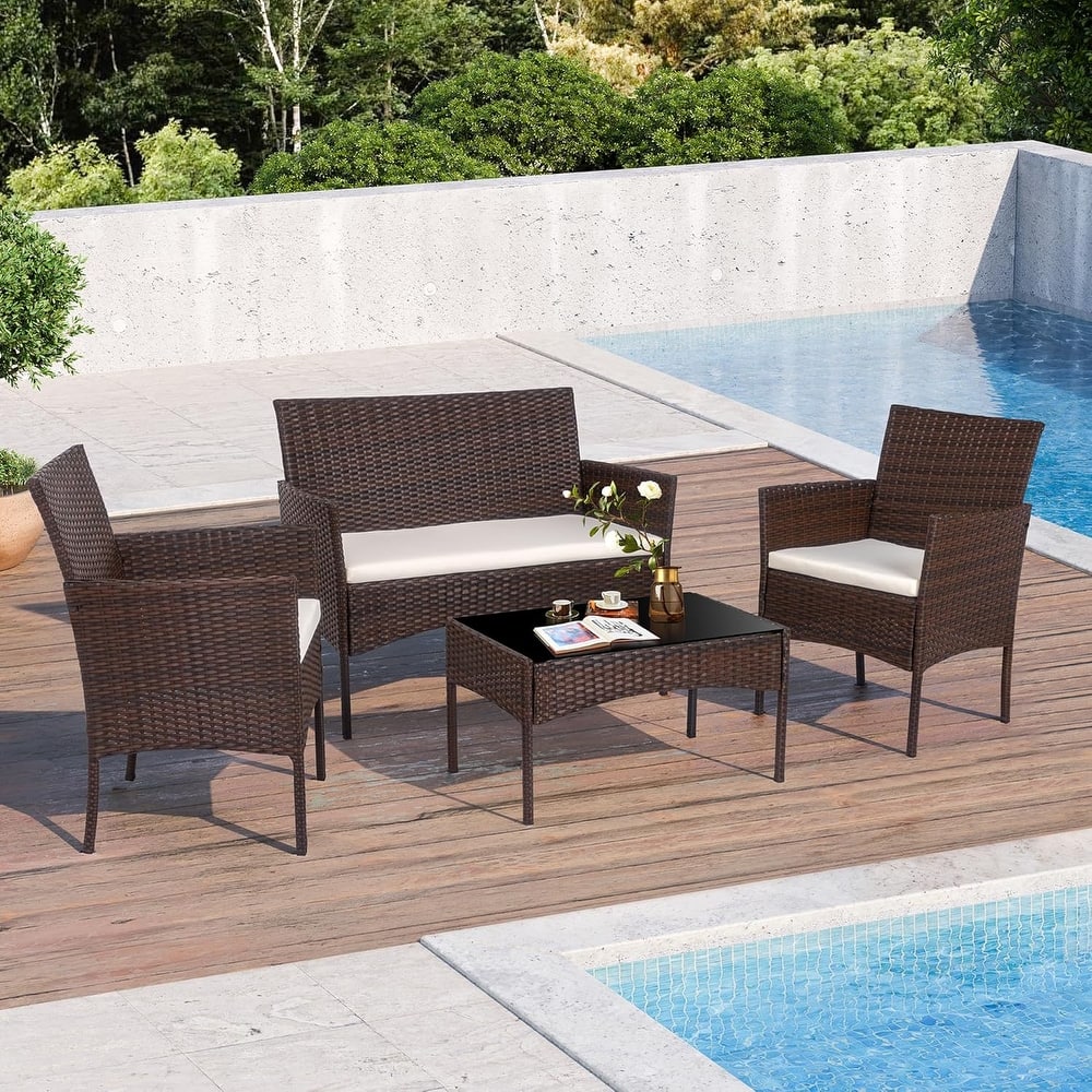 4-Piece Outdoor Patio Conversation Set, PE Wicker Chair & Table Set