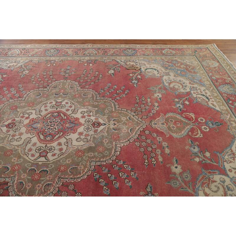 Hand Knotted Oriental 100% Wool Carpet Traditional Floral Pink Tabriz Area Rug - 12' 10'' X 9' 7''