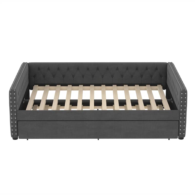 Full Size Daybed Upholstered Tufted Sofa Bed with Twin Trundle and Button & Copper Nail