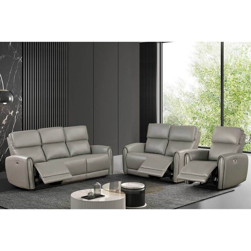 Furniture of America Elente Modern 3-Piece Faux Leather Power Recline Sofa Set with USB Ports - Grey