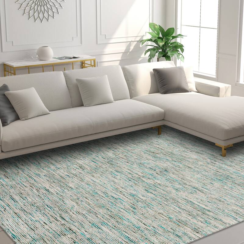 Addison Villager Textured Solid Wool and Viscose Area Rug - 9' x 13' - Green/Teal/Silver