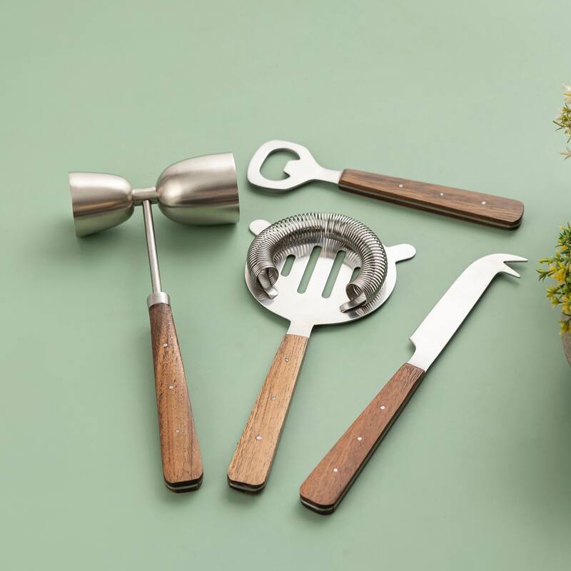 Set of 4 Stainless Steel & Wood Handle Bar Set