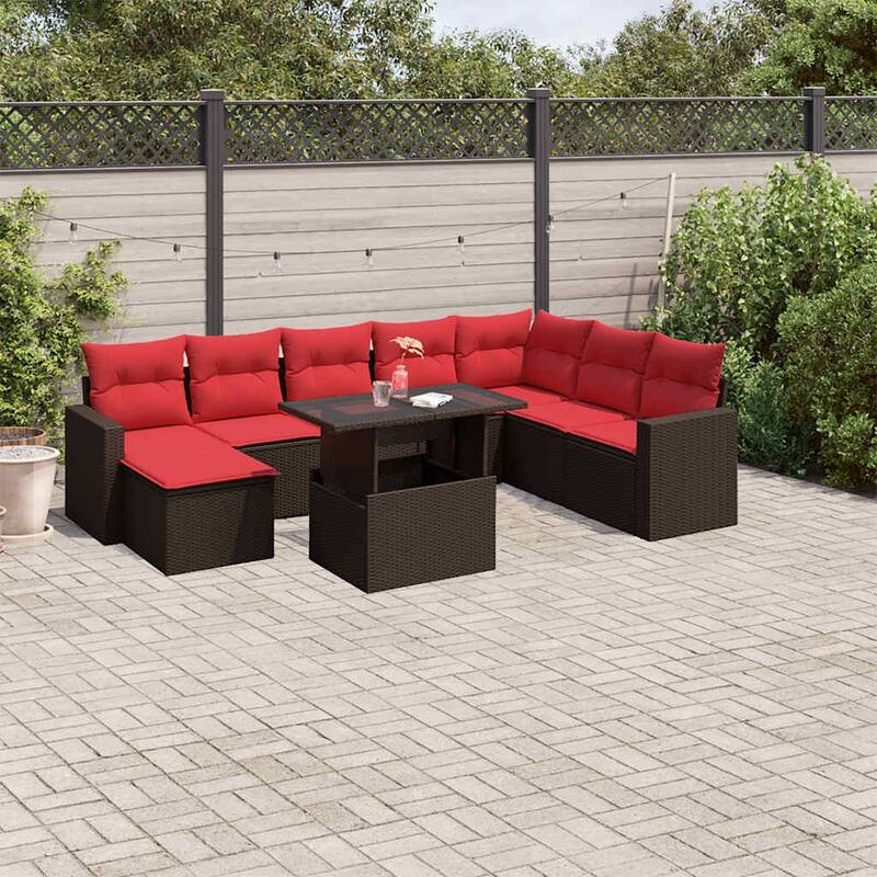 vidaXL Patio Sofa Set with Cushions and Table Outdoor 9 Piece Poly Rattan - 24.4 x 24.4 x 27.2 - Brown without storage