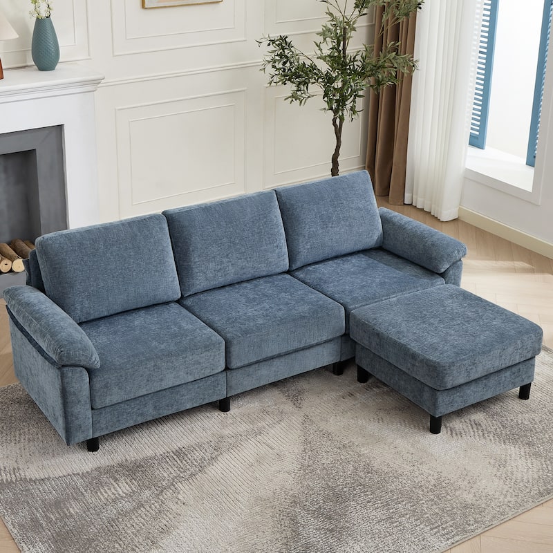 90" L-Shaped Chenille Upholstered 3-Seater Sofa Couch Sectional Sofa with Ottoman