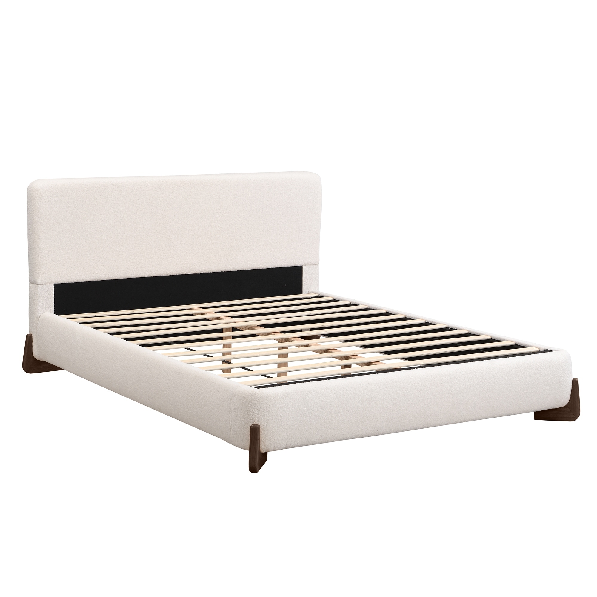 Roomfitters Queen Boucle Upholstered Bed Frame with Dark Brown Wood Legs, White