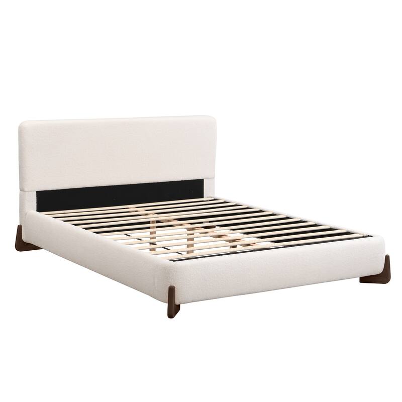 Roomfitters Queen Boucle Upholstered Bed Frame with Dark Brown Wood Legs, White - White