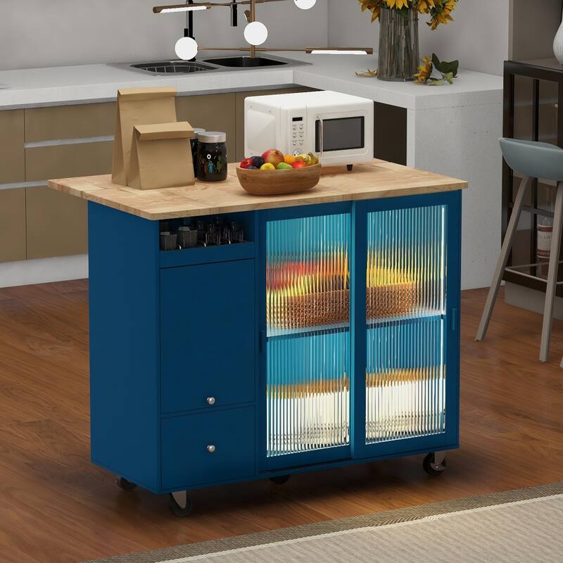 LED Light Kitchen Cart with Drop Leaf and Adjustable Shelf
