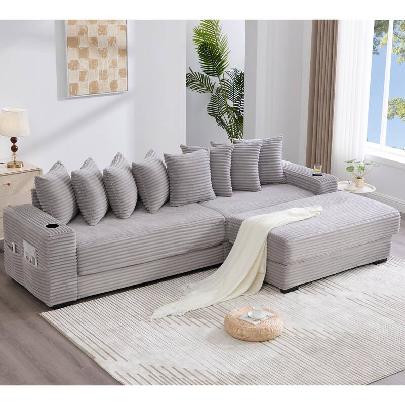 110.75" Corduroy Sectional Sofa, Convertible Sleeper Sofa Bed L-Shaped Upholstered Couch with Removable Footstool, Cup Holder