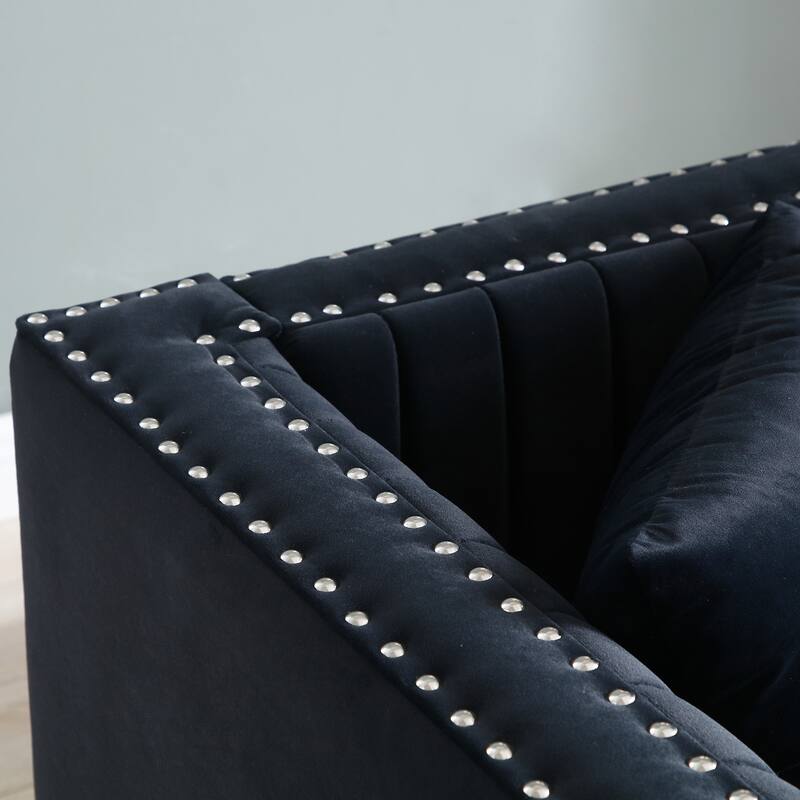 100.8'' Modern Velvet Corner 6 Seater Sectional Sofa with 4 Pillows and Vertical Channel Tufting, for Living Room