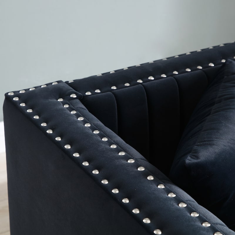 78" Velvet 3-Seater Sofa with Vertical Channel Tufting, Gold Base, Nailhead Trim, and 2 Pillows