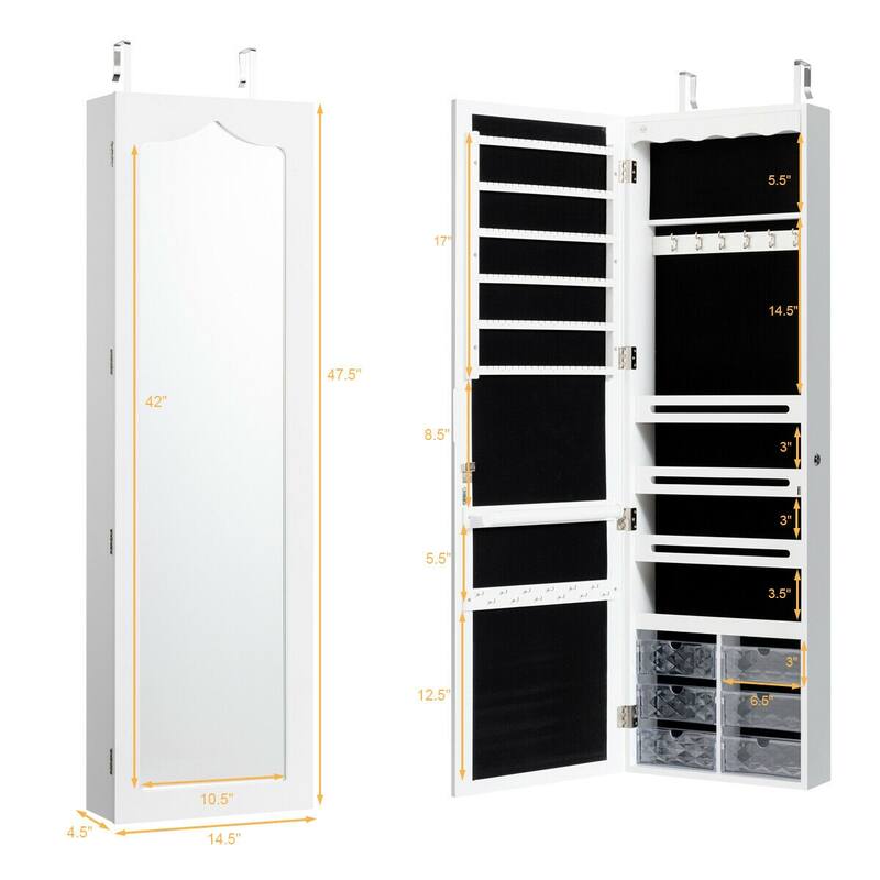 Gymax Wall Door Mounted Jewelry Cabinet Organizer LED Mirror White