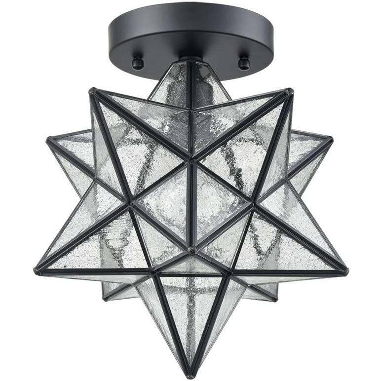 Ferrara Moravian Star Light Flush Mount Ceiling Light with Seeded Glass Shade 12-inch - Black