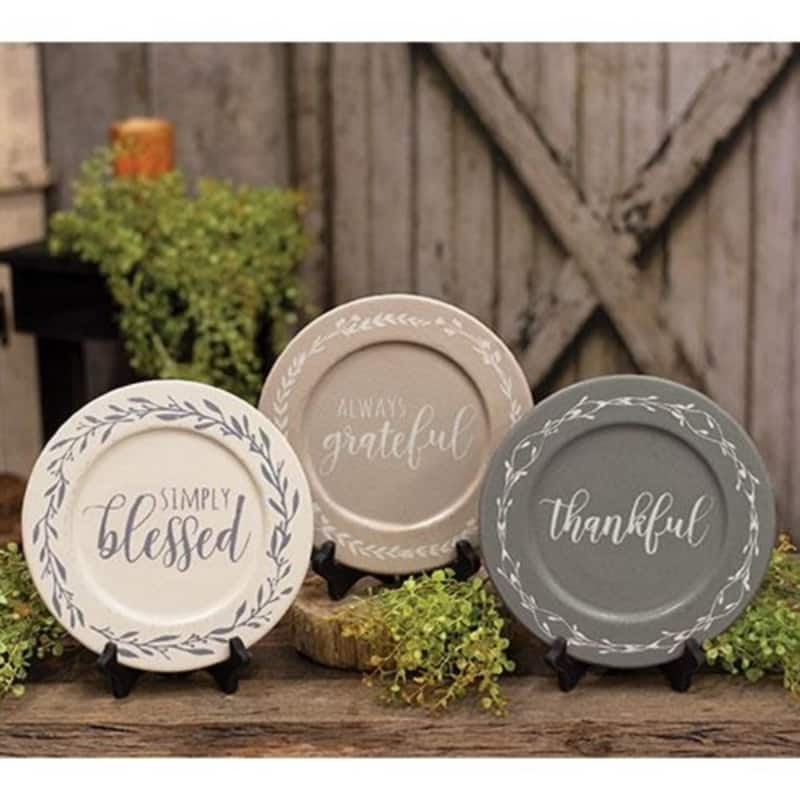 Wooden Always Grateful Floral Plates with Distressed Finish, 3 Asstd - 8.50” L x 8.50” W x 0.50” H