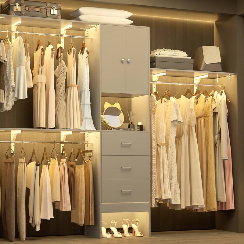 20''-96'' Wide Wooden Closet Organizer With Doors, Adjustable Closet System with Drawers and Hanging Rods