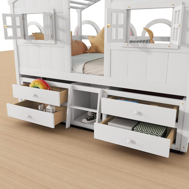 Full House-Themed Loft Bed with Ladder, Roof, Windows, Safety Rails and Storage Drawers for Kids