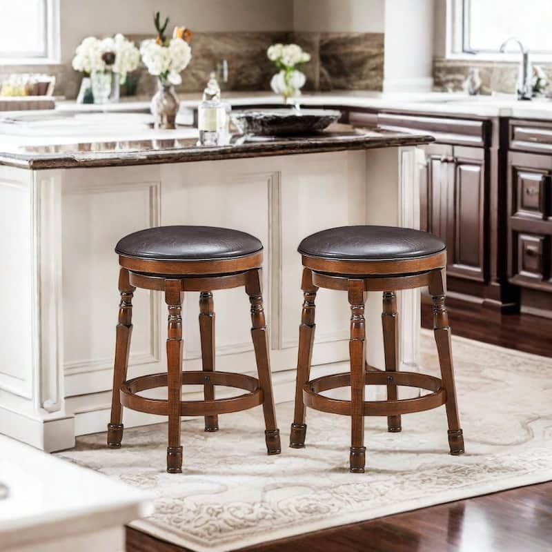 Bar Stools Set of 2 Swivel Barstools 24" Counter Height Bar Stools Backless Solid Wood Chairs with Faux Leather Seat,