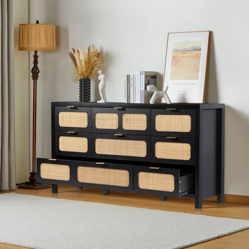 Wooden Rattan Woven 9-Drawer Storage Dresser/Chest of Drawers