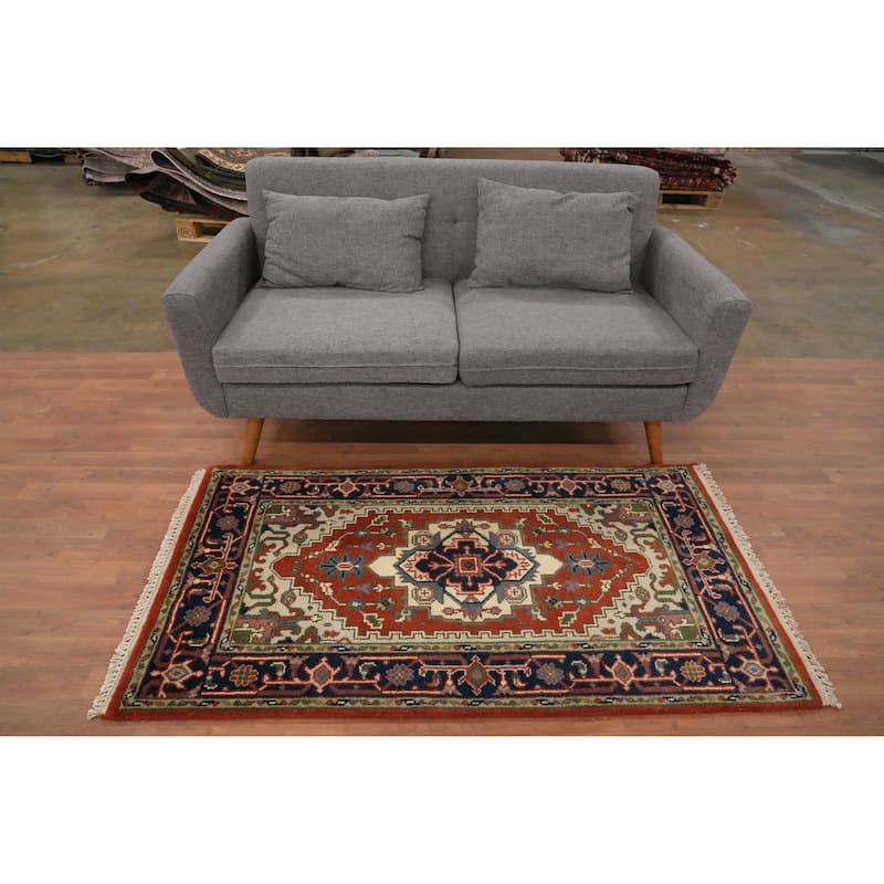 Hand Knotted Oriental 100% Wool Carpet Traditional Medallion Oranges & Rust Heriz (serapi) Area Rug - 5' 2'' X 2' 10''