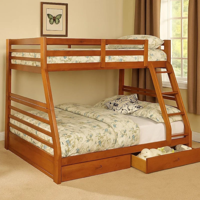Transitional Style Twin Over Full Bunk Bed with Drawers, Oak Brown
