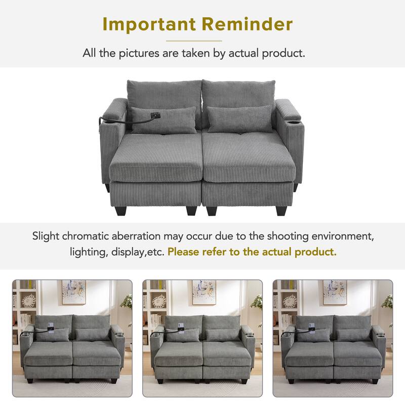 63" Corduroy Convertible Chaise Lounge with USB Ports, Phone Holder, and Storage