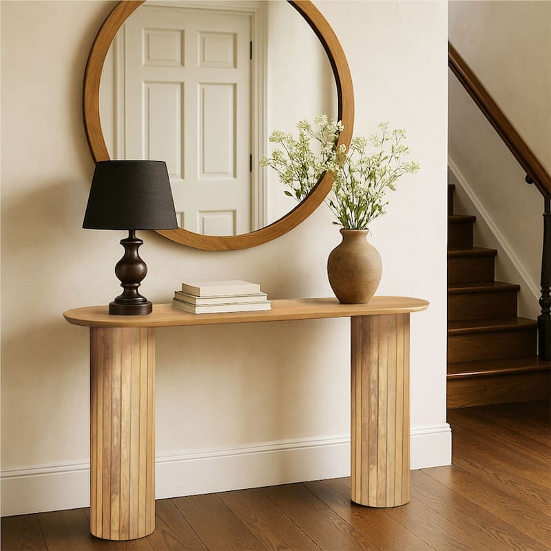 Cleo 54 Inch Sofa Console Table, Rounded Corners, Ribbed Pillar Legs, Golden Oak Brown Mango Wood - Golden Oak Brown