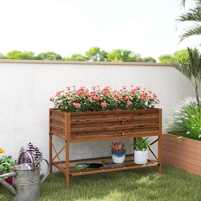 Outsunny Raised Garden Bed with Galvanized Steel Frame, Storage Shelf and Bed Liner, Elevated Planter Box