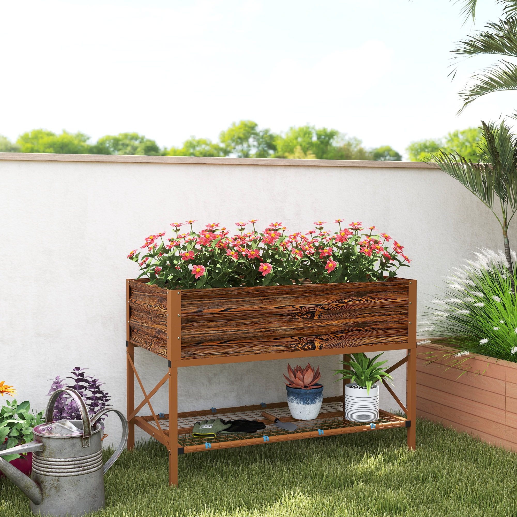 Outsunny Raised Garden Bed with Galvanized Steel Frame, Storage Shelf and Bed Liner, Elevated Planter Box