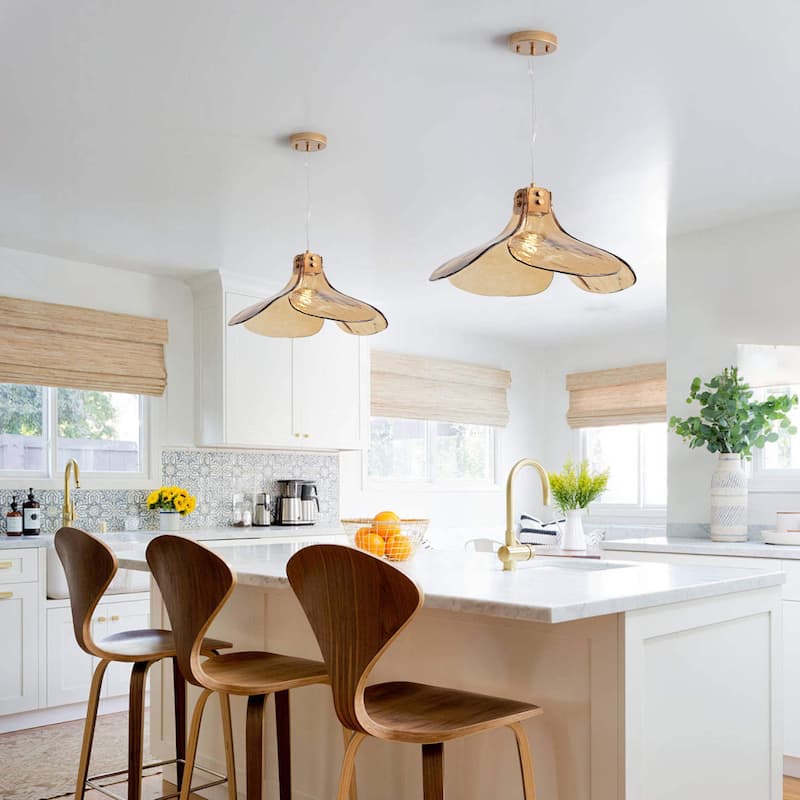 Mavis Single Light Four-leaf Amber Glass Pendant Light Chandelier. - Brushed Brass.