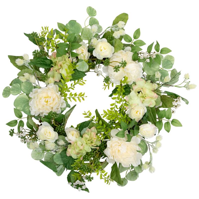 Hydrangea and Ranunculus Artificial Floral Eucalyptus Wreath - 23" - Cream and Green