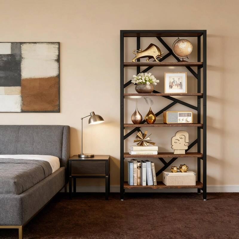 Modern Versatile Bookshelf - Sturdy Display Bookcase - Black,Rustic Brown