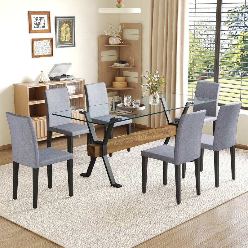 79" Glass Dining Table Set for 6, Modern Tempered Glass Table with 6 Upholstered Chairs, Kitchen Table and Chairs for 6