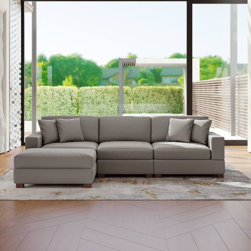 Modular Corduroy Sectional Sofa Set Chaise Couch with Ottoman