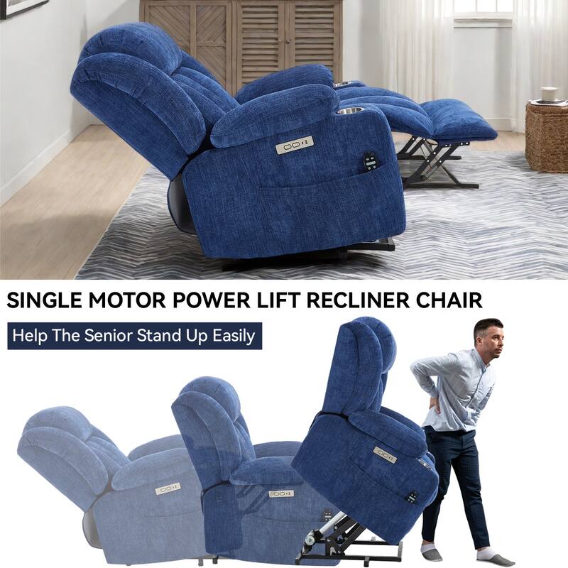 Chenille Power Lift Recliner Chair with Massage and Lumbar Heating, Dual Cup Holders