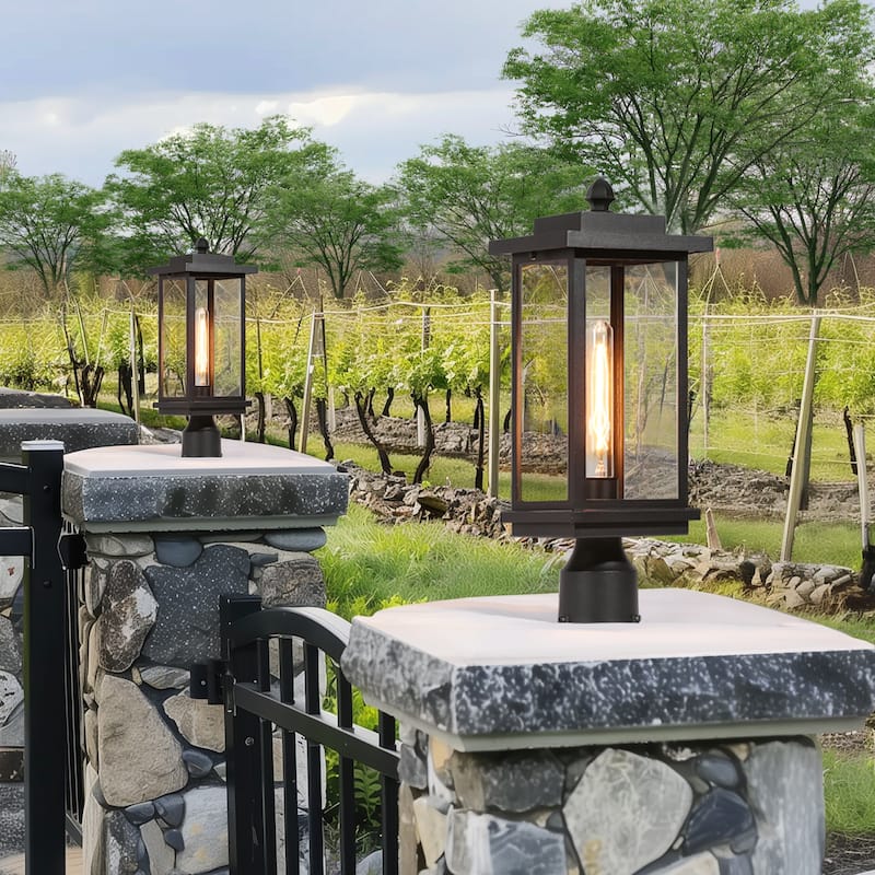 Modern Farmhouse 1-Light Black Outdoor Post Lights Patio Wall Sconces - L 6.7" x W 6.7" x H 17.7"