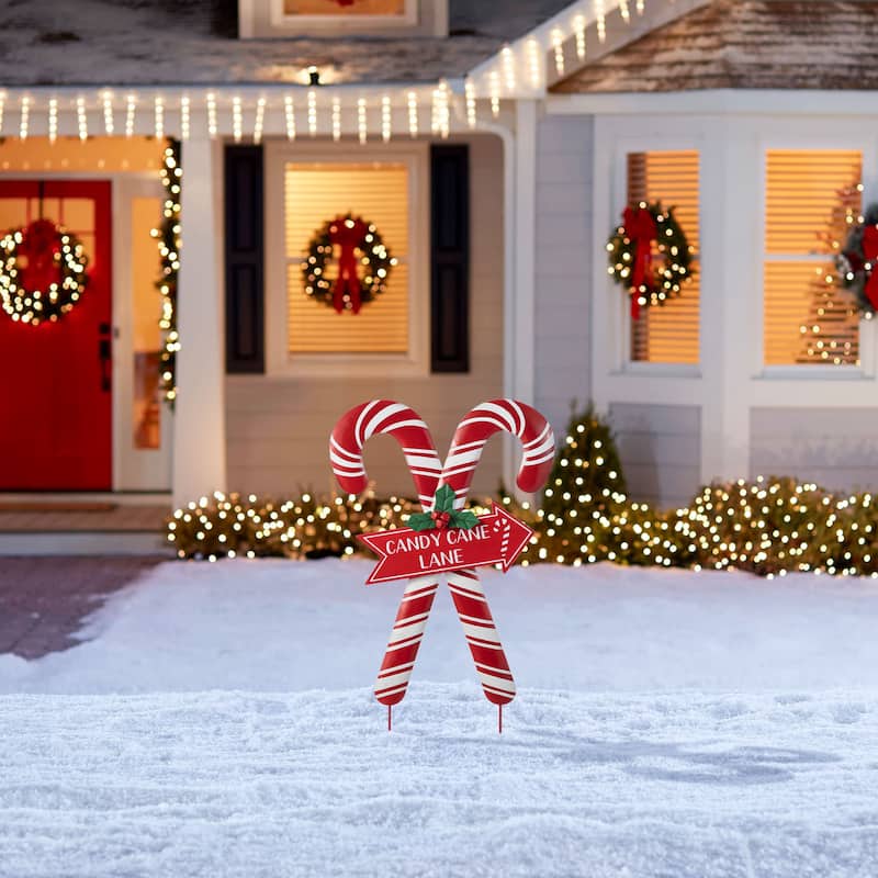Glitzhome 30"H Metal Merry Christmas Candy Cane Yard Stake Wall Decor