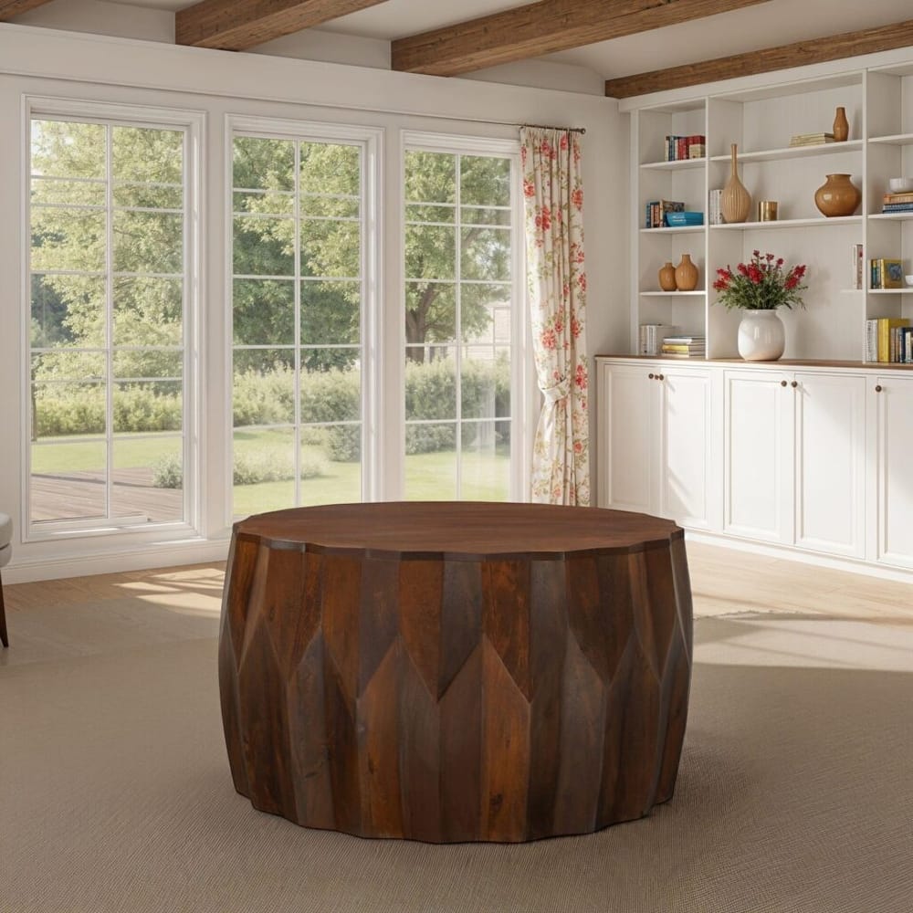 Facet 30" Diamond Carved Round Mango Wood Coffee Table - Elegant Cylindrical Base, Walnut Finish Accent Table