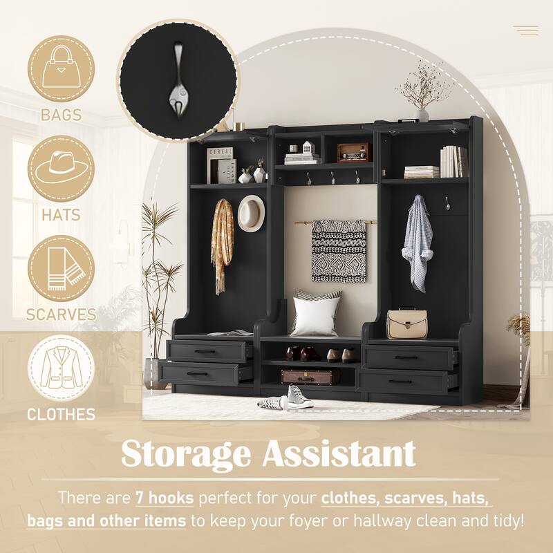 4-in-1 Detachable Hall Tree with Storage, 7 Hooks, Coat Rack, Drawers & Cabinet, Black Shoe Bench for Entryway Hallway