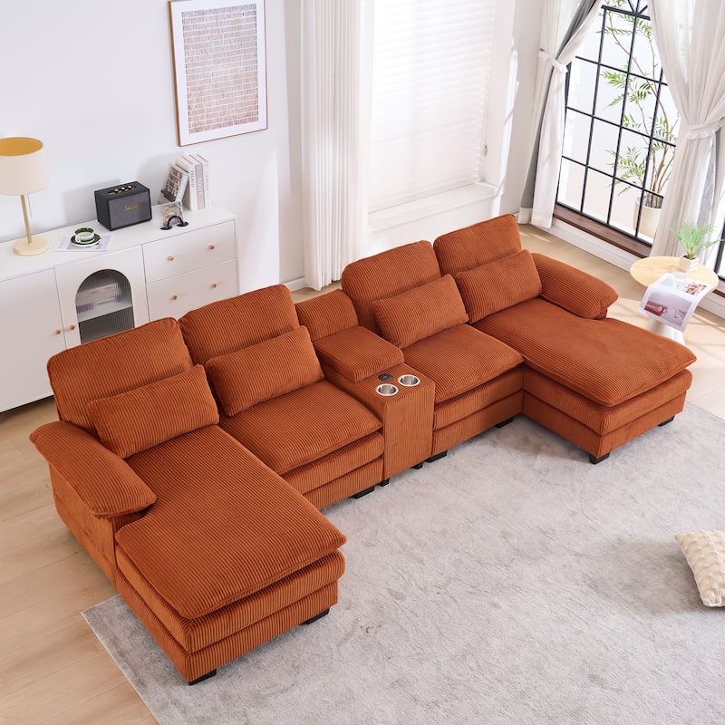 124" Modern Modular Sofa with Double Recliner and USB Port with Center Console
