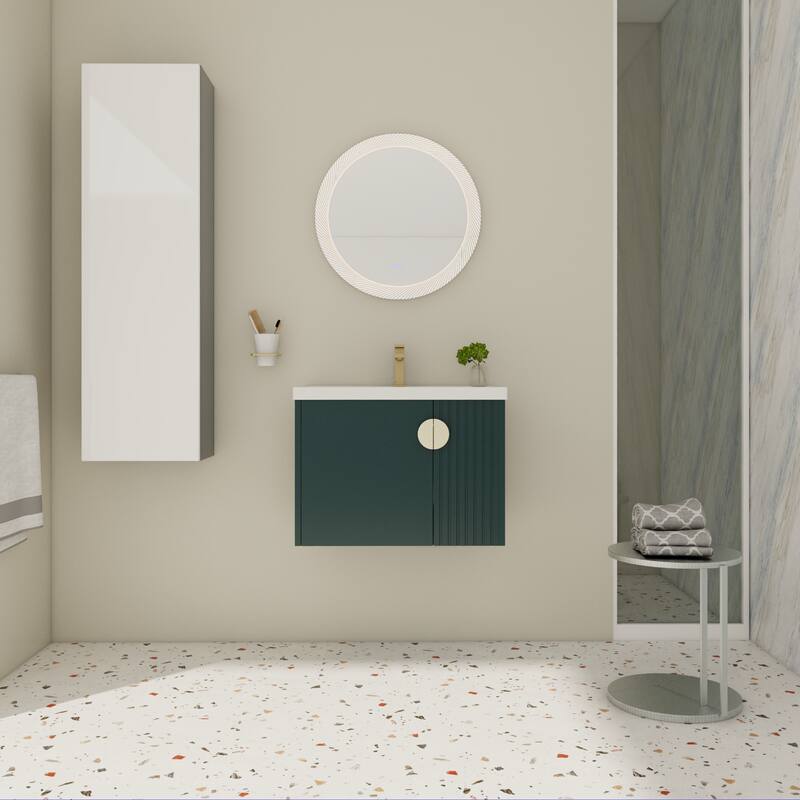 Floating Bathroom Vanity Cabinet with Pre-Drilled Ceramic Sink and Multiple Handle Options - 27.75in L