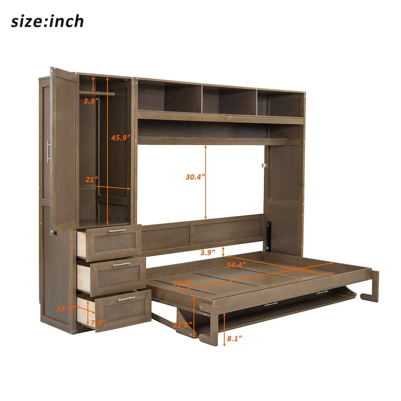 Antique Wood Full Size Murphy Bed with Wardrobe, Drawers, and Shelves