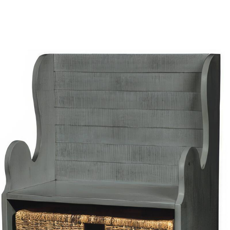 Eulie Hall Foyer Bench Seat w Rattan Basket, Rustic Blue Mahogany Wood