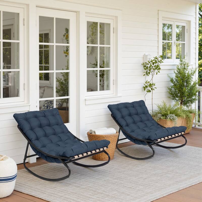 Outdoor Metal Frame Rocking Chair with Water-Resistant Cushions - Navy/2 Set - 2 Set