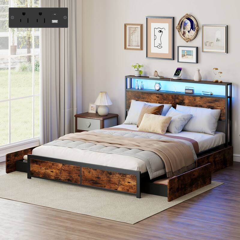 Gymax Queen Size LED Bed Frame w/2-Tier Storage Headboard & 4 Drawers