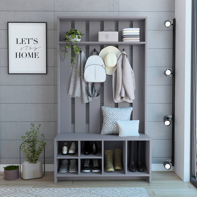 Compact Hall Tree with Bench, Coat Rack, Cubbies & Top Shelf - Ideal for Entryways and Mudrooms