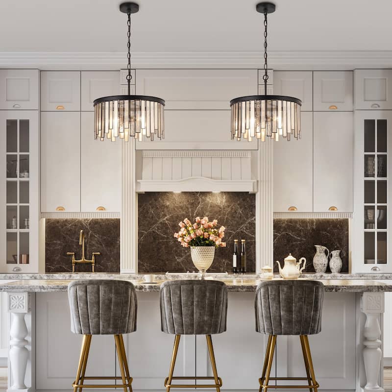 Tifany Mid-century Modern 3-Light Drum Chandelier Colored Glass Island Pendant for Kitchen Island - D16" x H15"