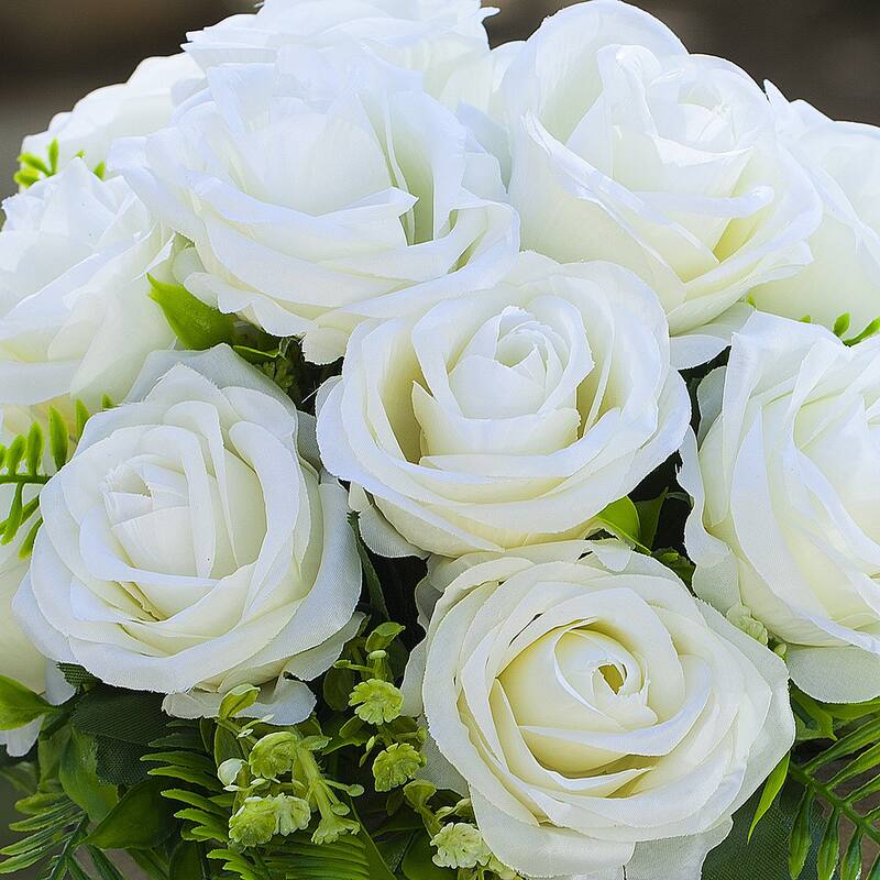 Enova Home 18 Heads Mixed Artificial Silk Roses Fake Flowers Arrangement with Wood Planter for Home Office Wedding Decoration