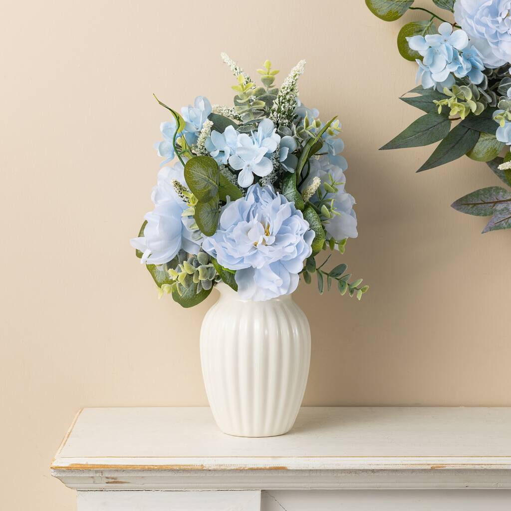 Glitzhome 24"D Blue Peony & Hydrangea Floral Wreath Includes a Complimentary Black Metal Wreath Hanger