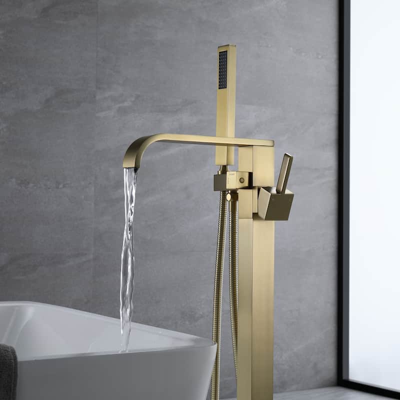 34.6"H Solid Brass Freestanding Waterfall Tub Filler with Handheld Shower