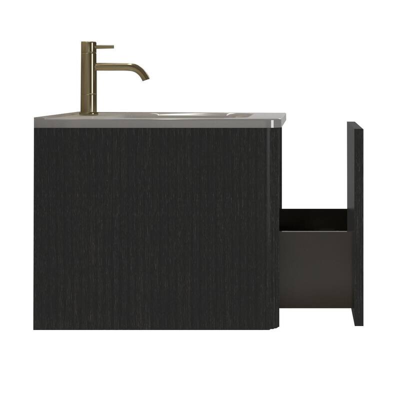 36" Etna Floating Vanity with White Ceramic Sink, Striped Black Oak Texture, Curved Edges