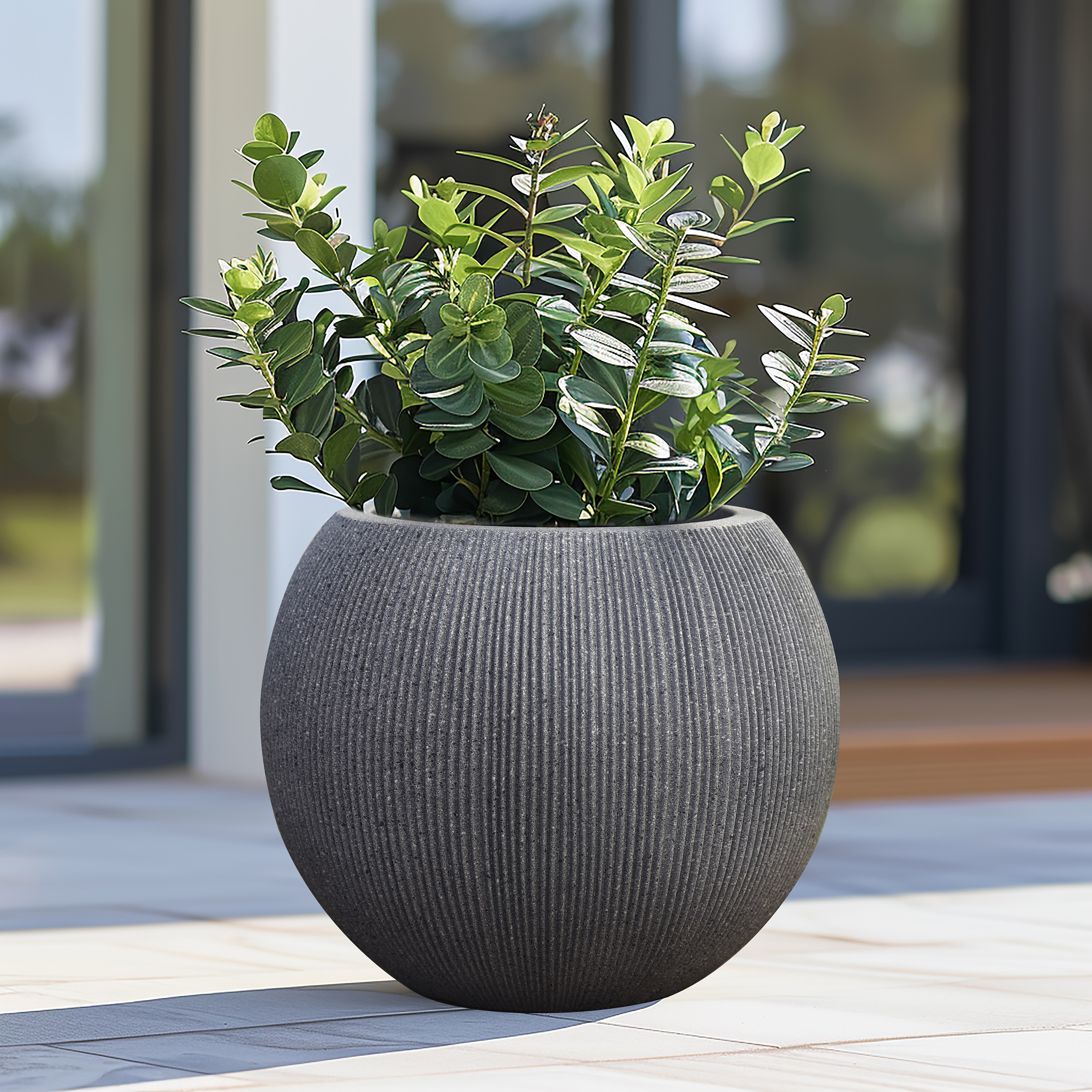 14.5" Round Bowl Plastic Planter, Mediterranean Style - Mediterranean Grey
